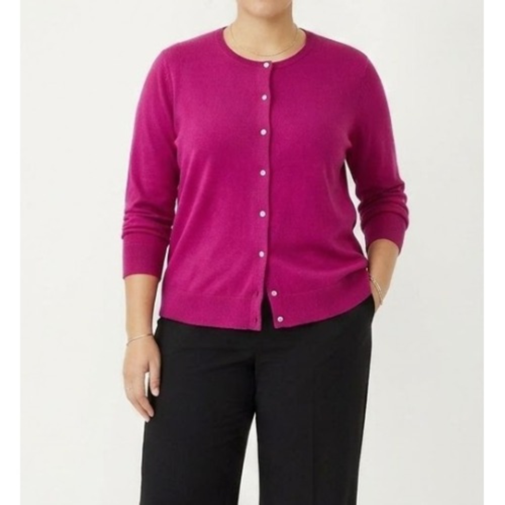 New Loft Cardigan Sweater XL Pink Cotton Button Front Crew Neck Preppy